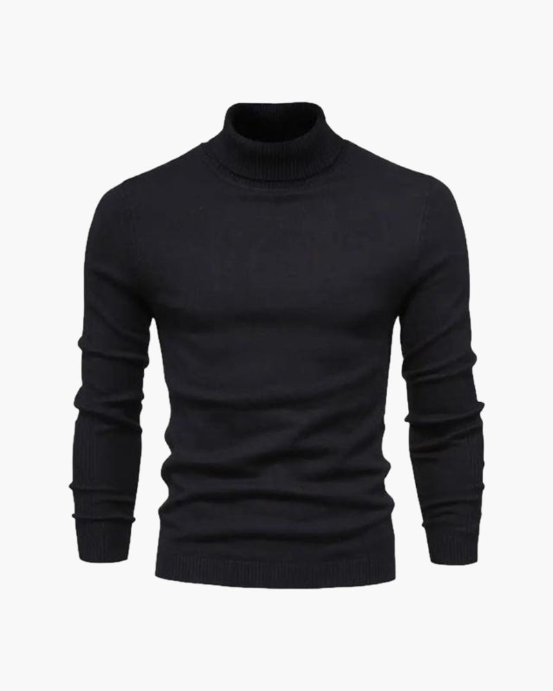 Men's Plain Roll-Neck Jumper with Long Banded Sleeves - Black