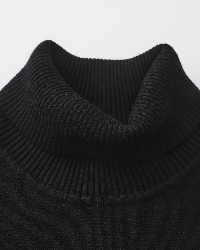 Men's Plain Roll-Neck Jumper with Long Banded Sleeves - Black