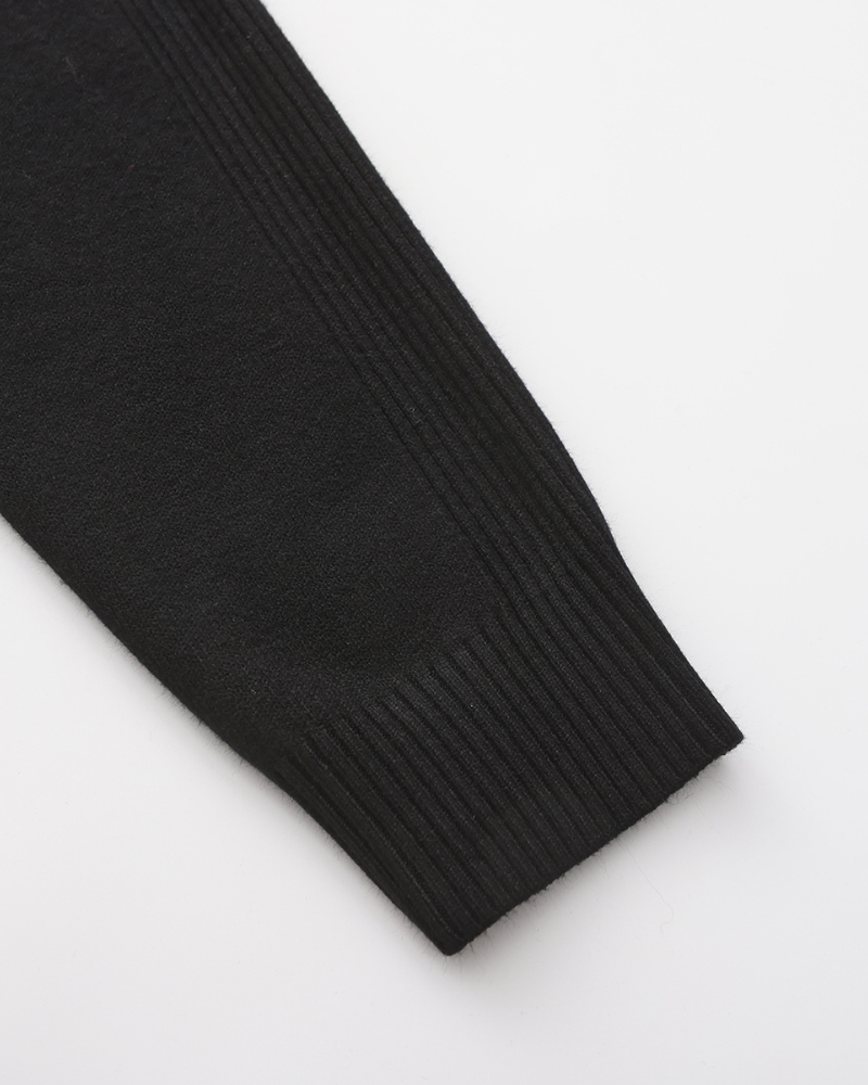 Men's Plain Roll-Neck Jumper with Long Banded Sleeves - Black