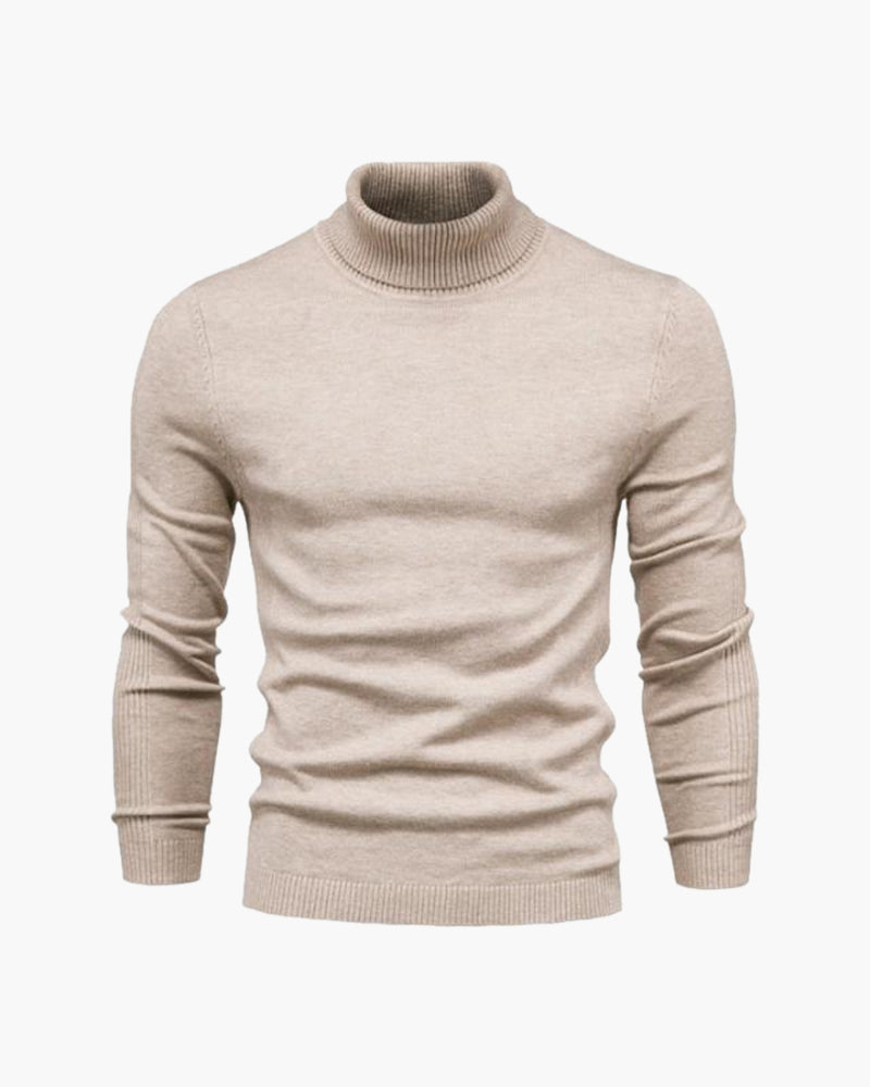 Men's Plain Roll-Neck Jumper with Long Banded Sleeves - Beige
