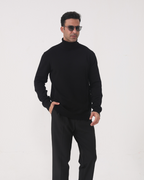 Men's Plain Roll-Neck Jumper with Long Banded Sleeves - Black