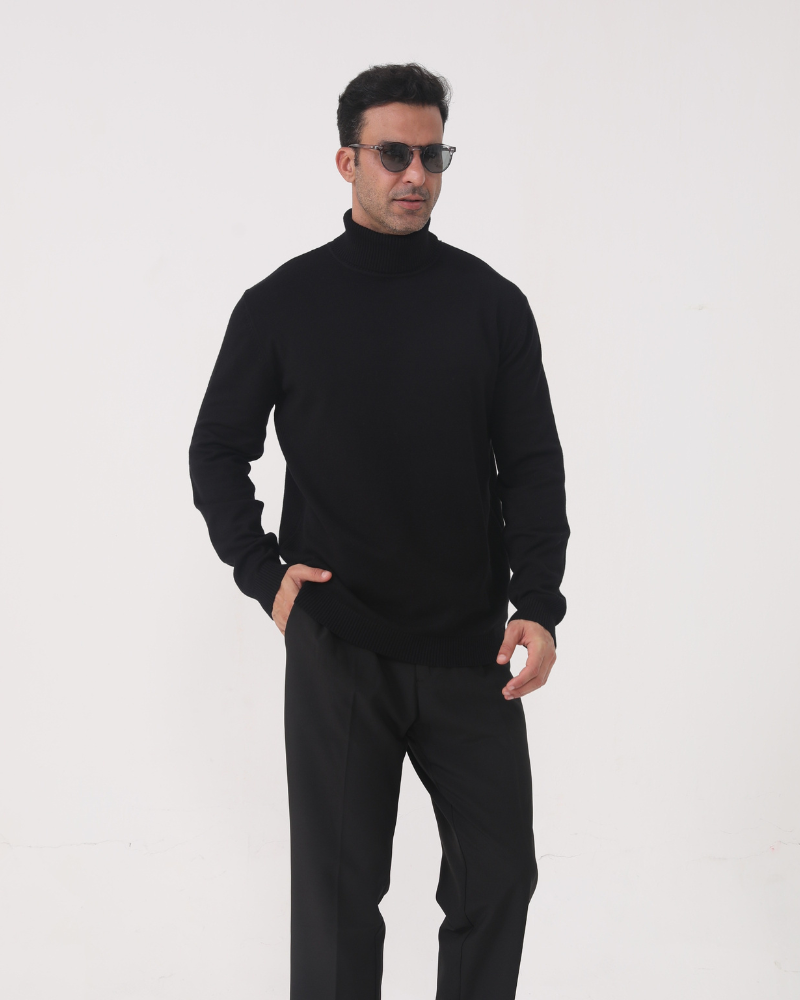 Men's Plain Roll-Neck Jumper with Long Banded Sleeves - Black
