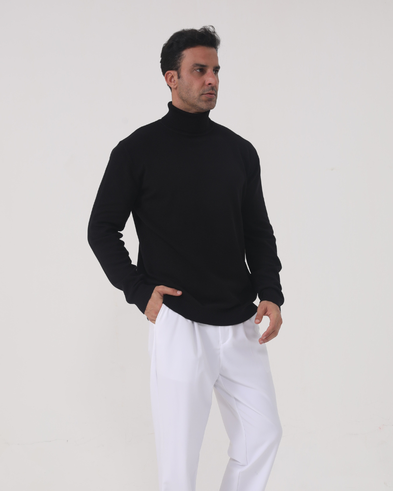 Men's Plain Roll-Neck Jumper with Long Banded Sleeves - Black