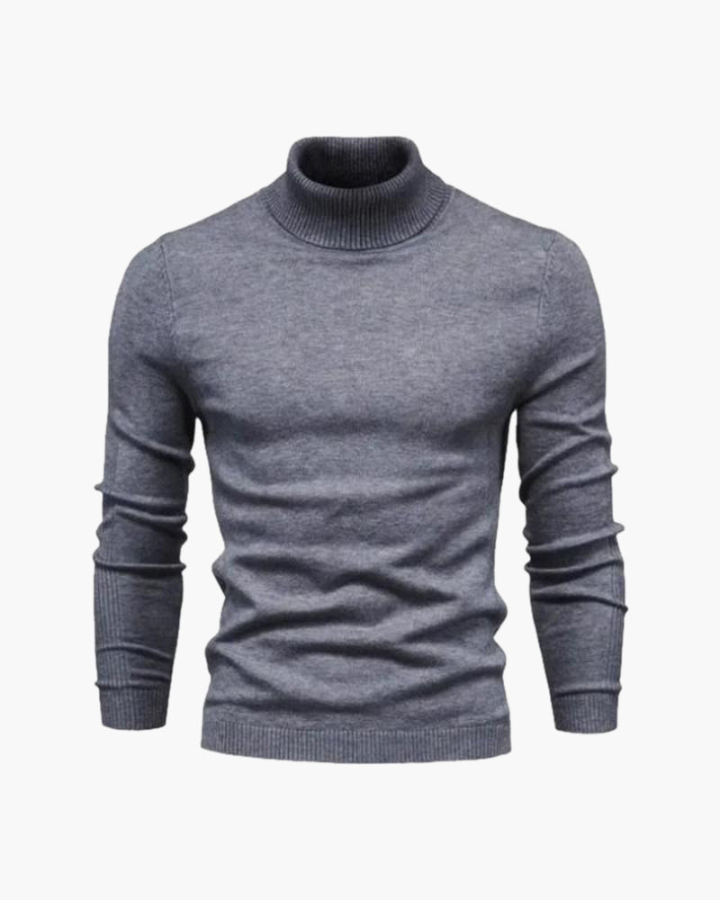 Men's Plain Roll-Neck Jumper with Long Banded Sleeves - Grey