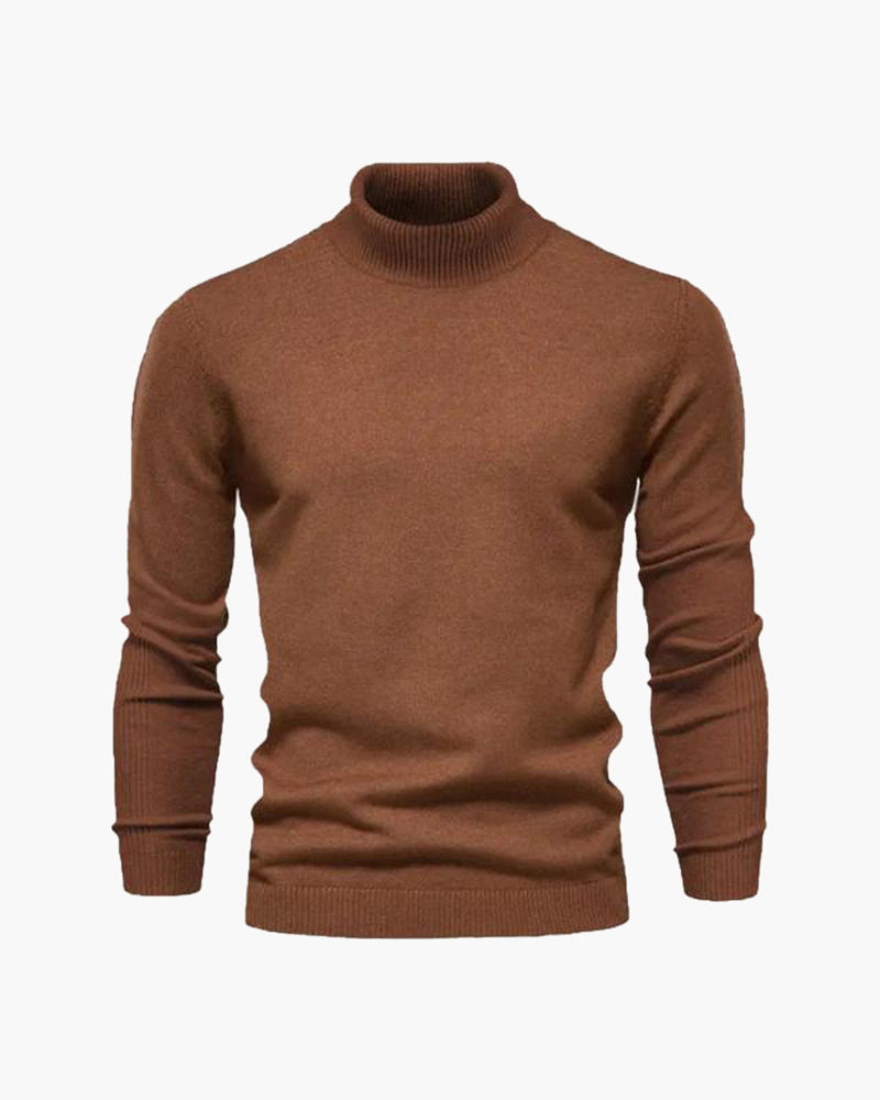 Men's Plain Roll-Neck Jumper with Long Banded Sleeves - Brown