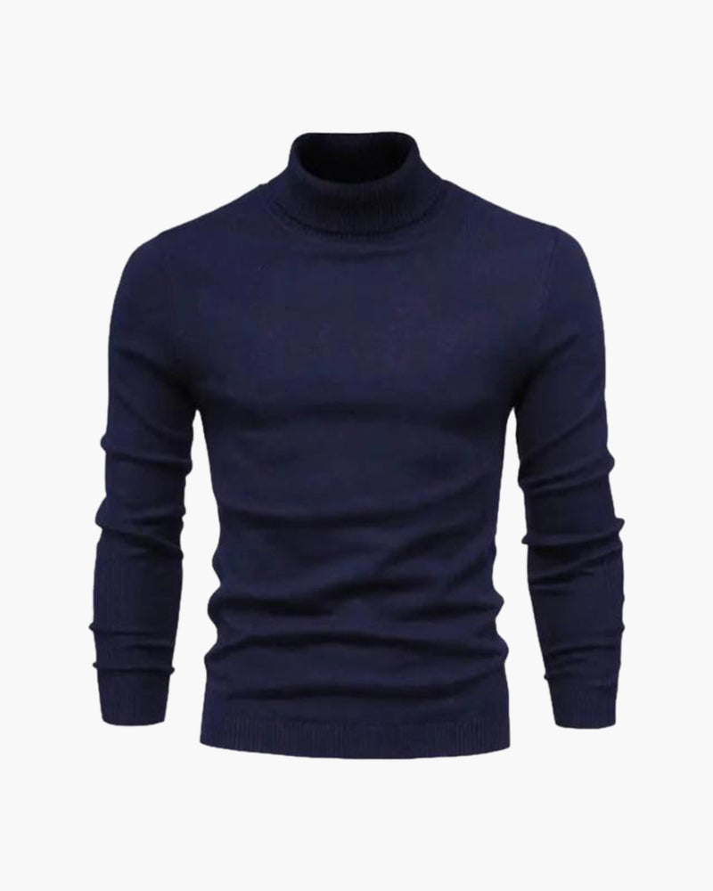 Men's Plain Roll-Neck Jumper with Long Banded Sleeves - Navy
