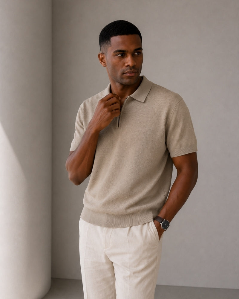 Men's Plain Short-Zip Polo Shirt with Ribbed Edges - Beige