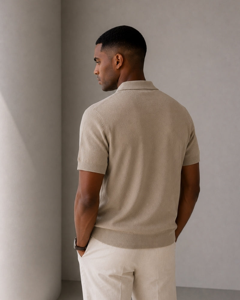 Men's Plain Short-Zip Polo Shirt with Ribbed Edges - Beige