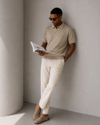 Men's Plain Short-Zip Polo Shirt with Ribbed Edges - Beige