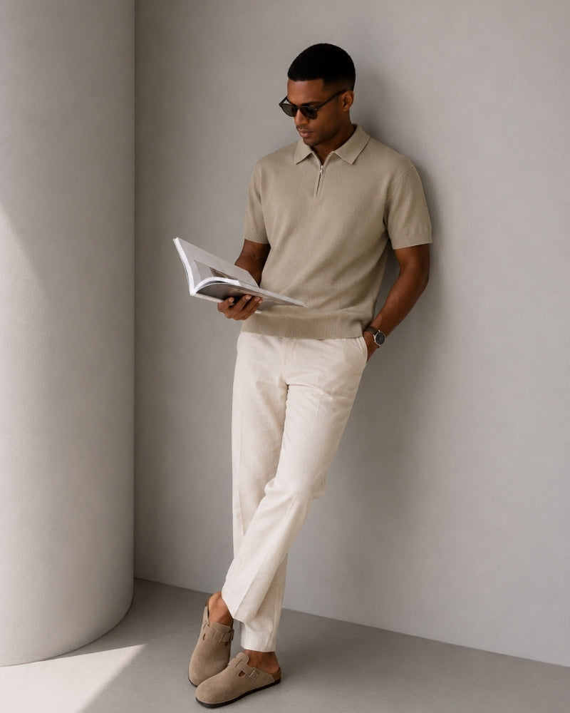 Men's Plain Short-Zip Polo Shirt with Ribbed Edges - Beige