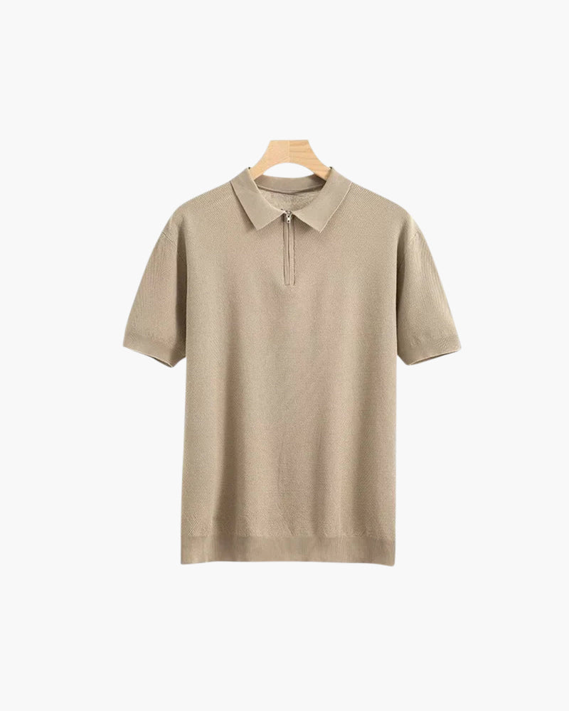 Men's Plain Short-Zip Polo Shirt with Ribbed Edges - Beige
