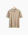 Men's Plain Short-Zip Polo Shirt with Ribbed Edges - Beige