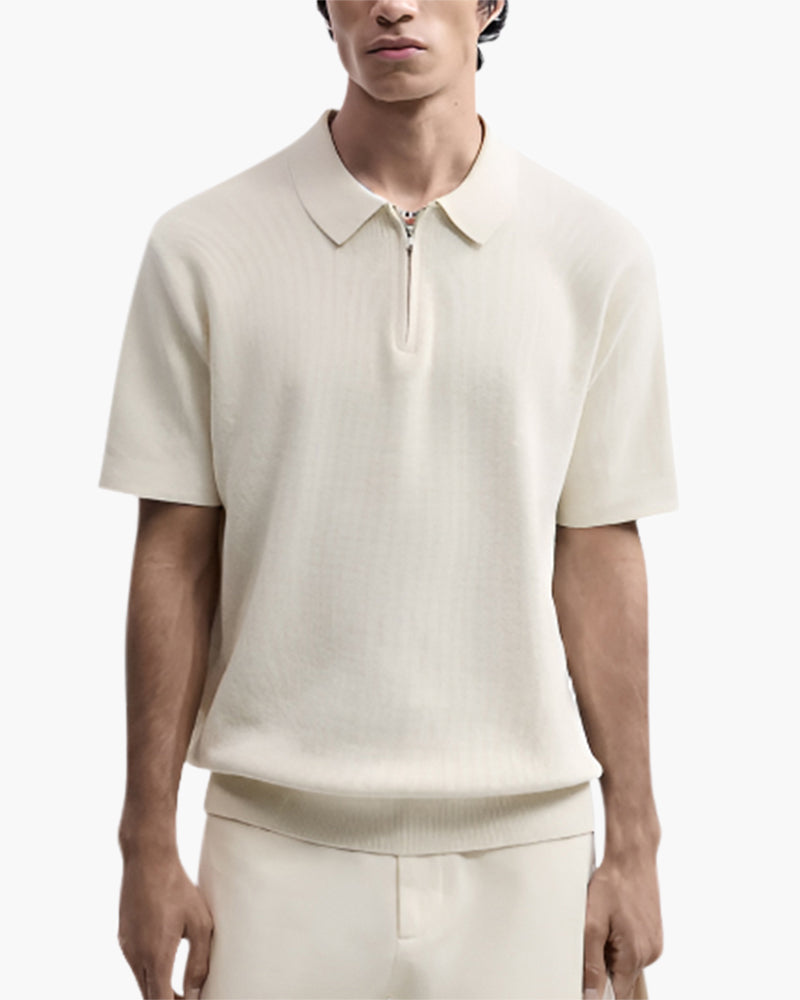 Men's Plain Short-Zip Polo Shirt with Ribbed Edges - Beige