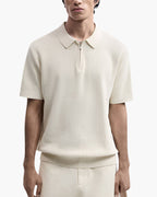 Men's Plain Short-Zip Polo Shirt with Ribbed Edges - Beige
