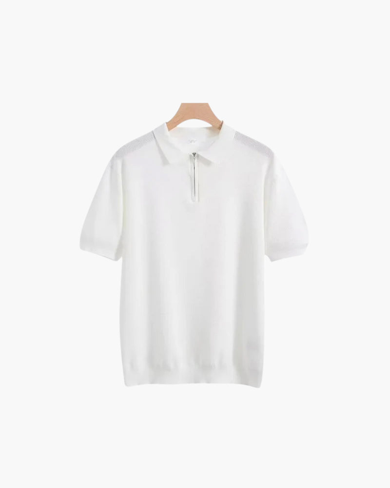 Men's Plain Short-Zip Polo Shirt with Ribbed Edges - White
