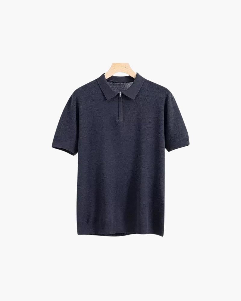 Men's Plain Short-Zip Polo Shirt with Ribbed Edges - Navy Blue