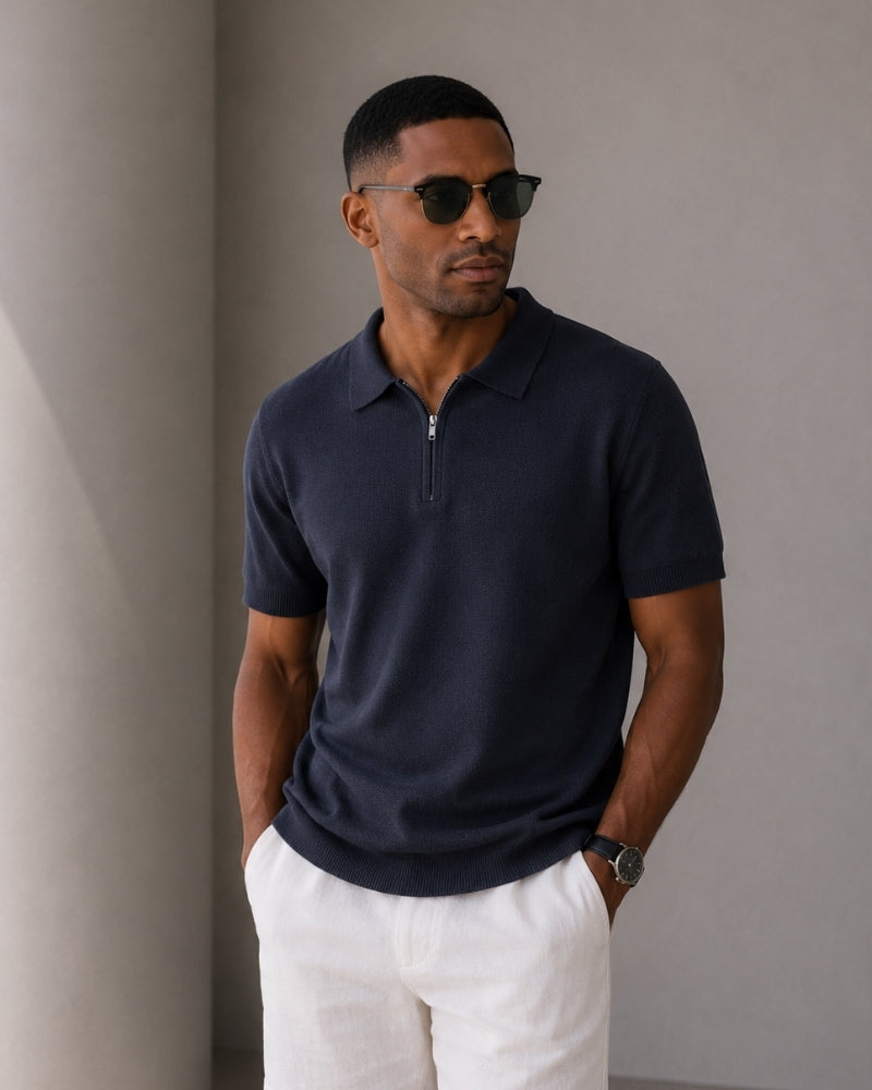 Men's Plain Short-Zip Polo Shirt with Ribbed Edges - Navy Blue