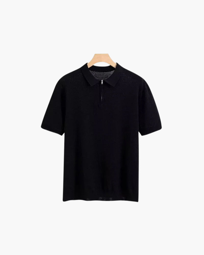 Men's Plain Short-Zip Polo Shirt with Ribbed Edges - Black