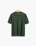 Men's Plain Short-Zip Polo Shirt with Ribbed Edges - Dark Green