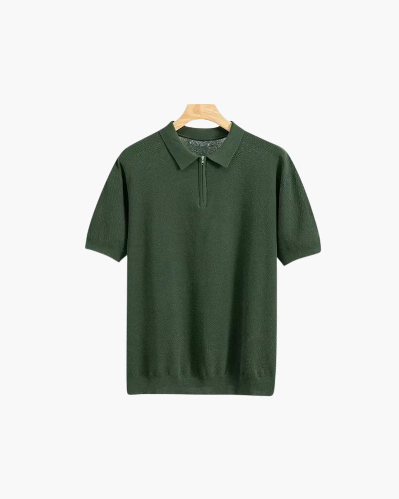 Men's Plain Short-Zip Polo Shirt with Ribbed Edges - Dark Green