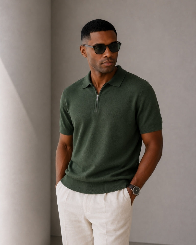 Men's Plain Short-Zip Polo Shirt with Ribbed Edges - Dark Green