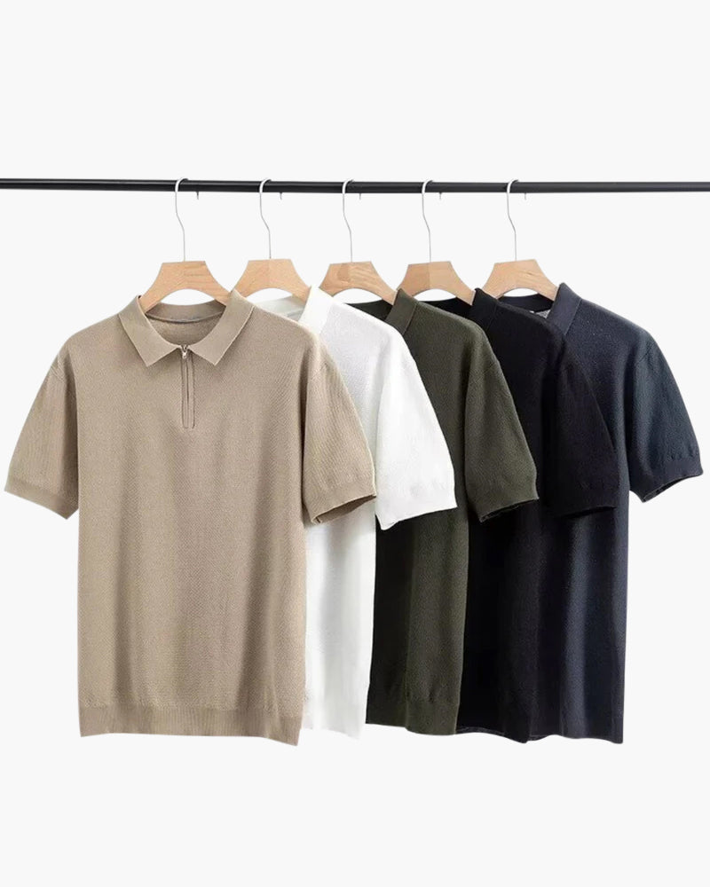 Men's Plain Short-Zip Polo Shirt with Ribbed Edges - shared