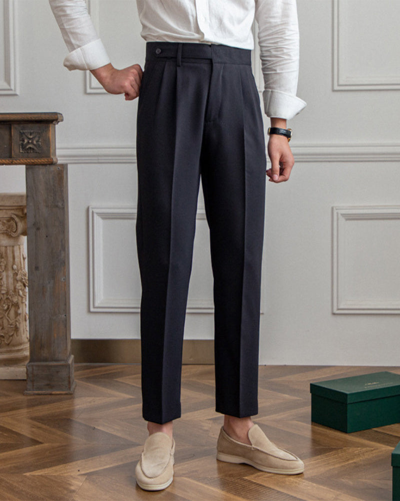 Men's Pleated Ankle-Length Trousers with Waist Tabs - Black