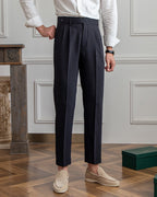 Men's Pleated Ankle-Length Trousers with Waist Tabs - Black