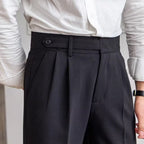 Men's Pleated Ankle-Length Trousers with Waist Tabs - Black