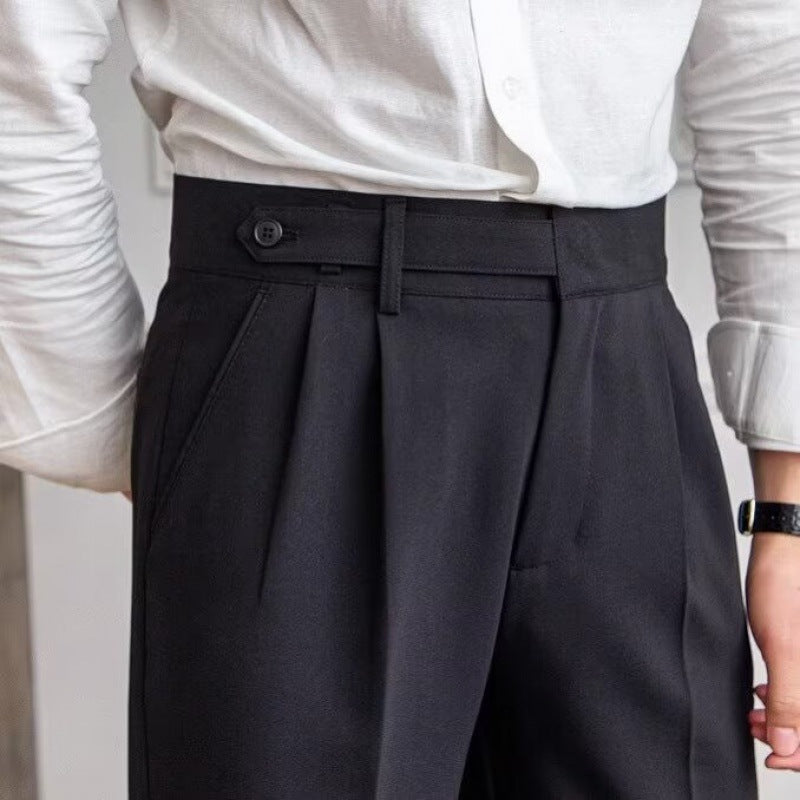 Men's Pleated Ankle-Length Trousers with Waist Tabs - Black