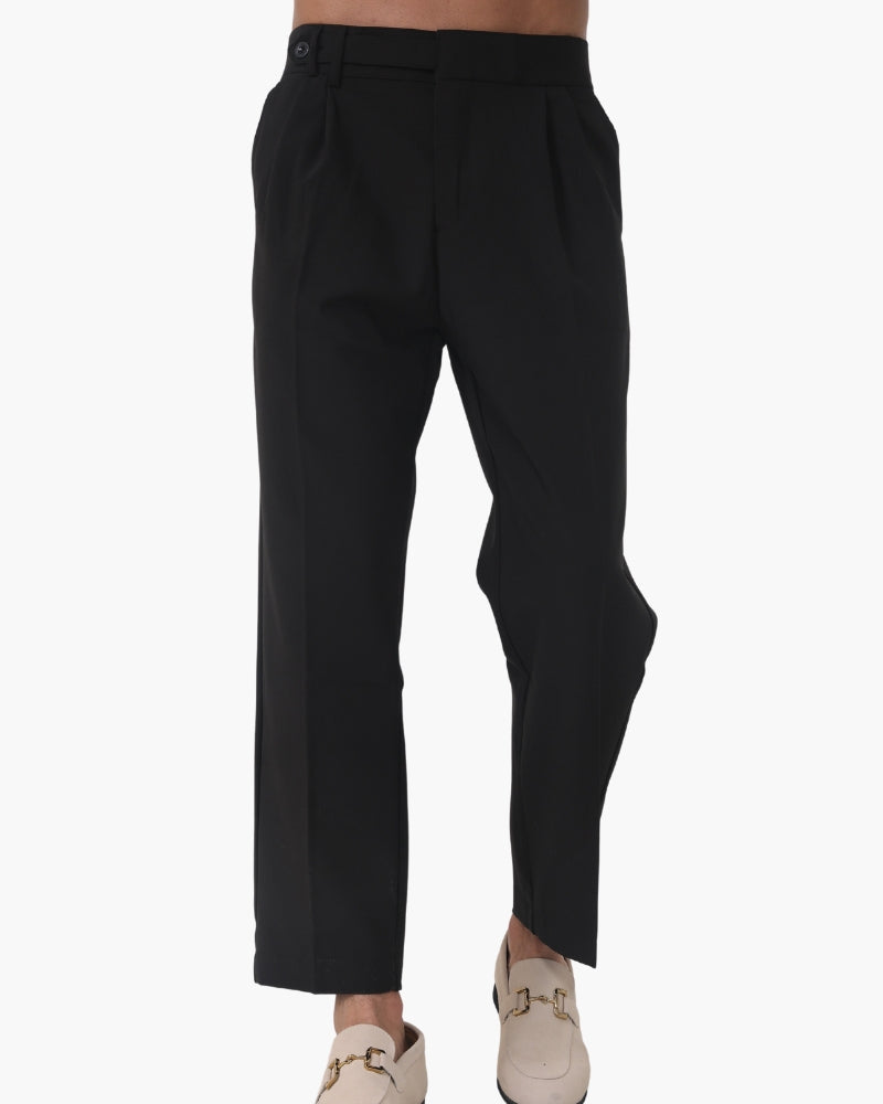 Men's Pleated Ankle-Length Trousers with Waist Tabs - Black