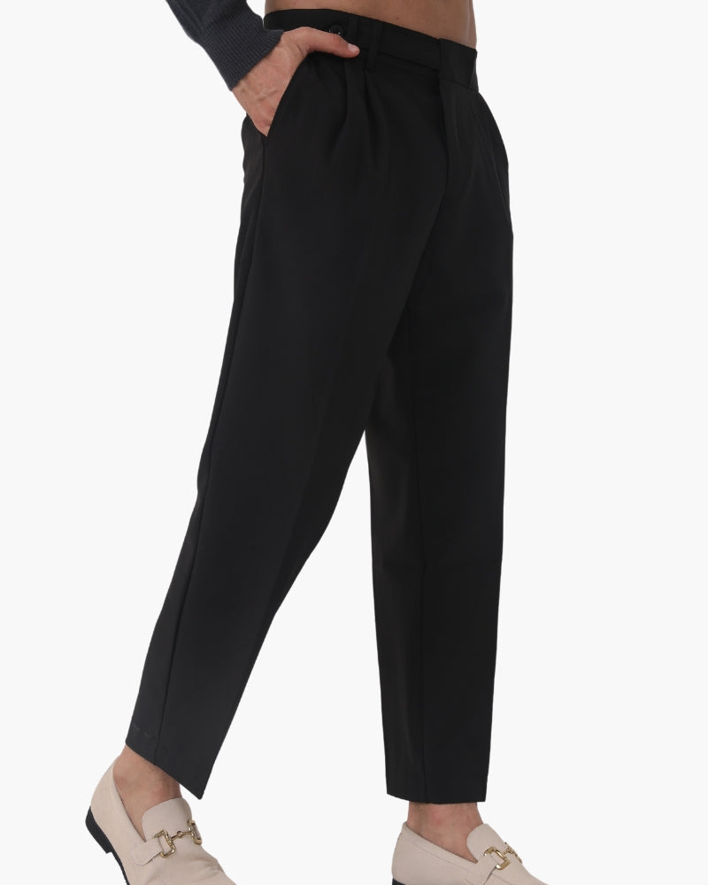 Men's Pleated Ankle-Length Trousers with Waist Tabs - Black