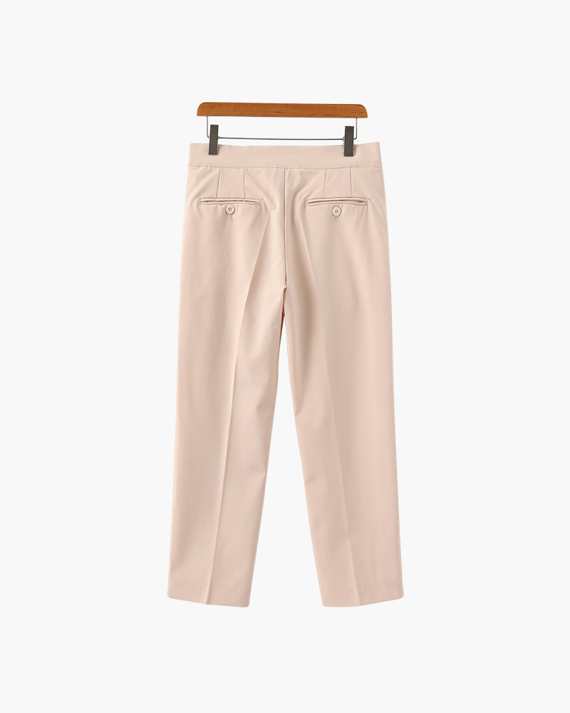 Men's Pleated Ankle-Length Trousers with Waist Tabs - Beige