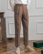 Men's Pleated Ankle-Length Trousers with Waist Tabs - Brown