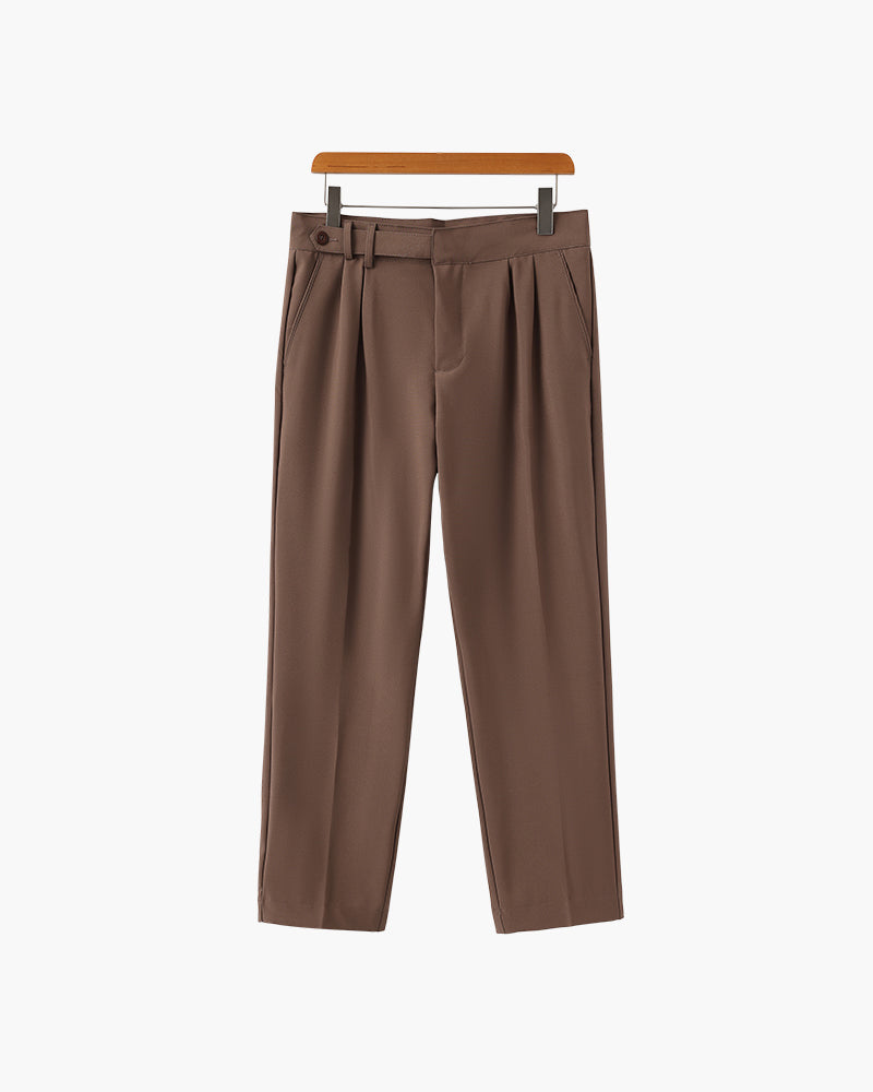 Men's Pleated Ankle-Length Trousers with Waist Tabs - Brown