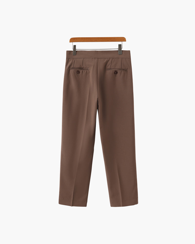 Men's Pleated Ankle-Length Trousers with Waist Tabs - Brown