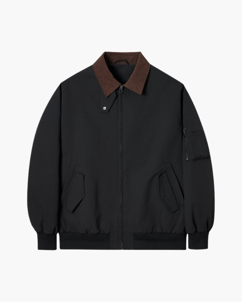 Men's Point-Collar Harrington Jacket with Zip Front - Black