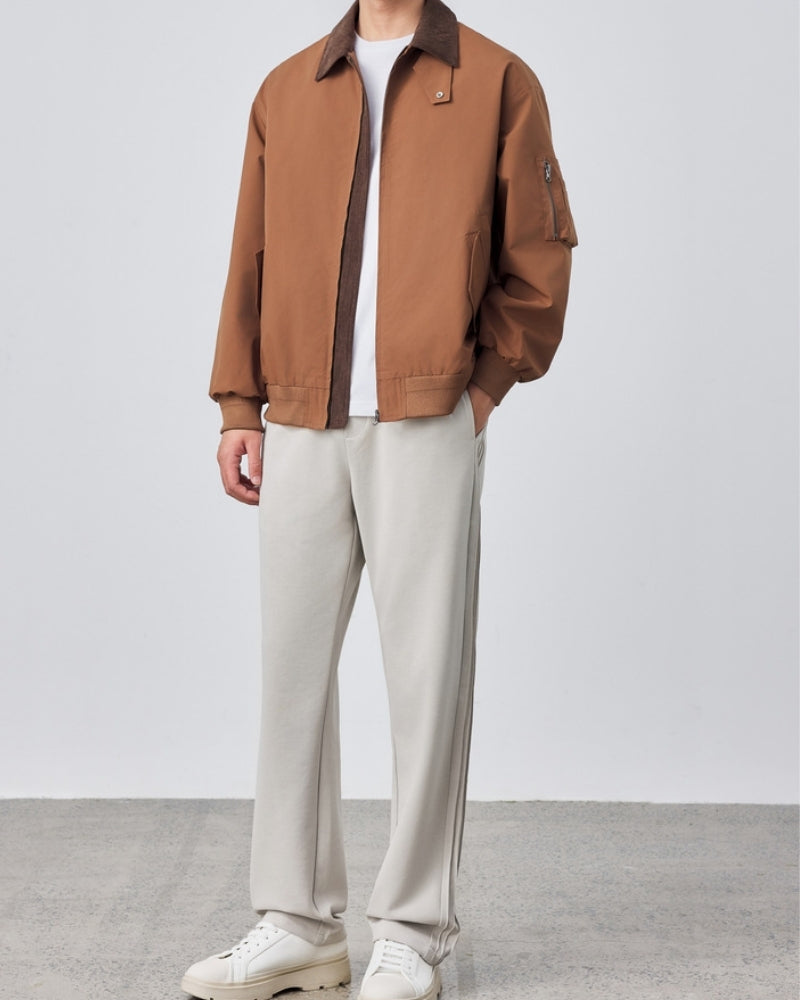 Men's Point-Collar Harrington Jacket with Zip Front - Brown