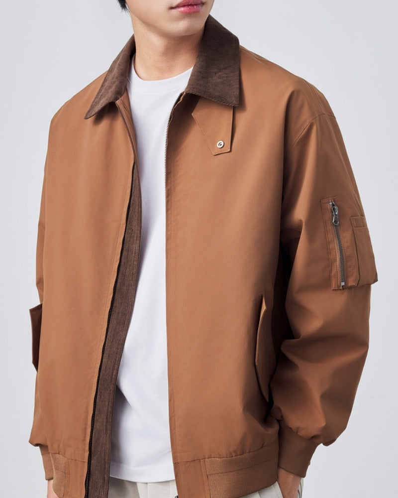Men's Point-Collar Harrington Jacket with Zip Front - Brown