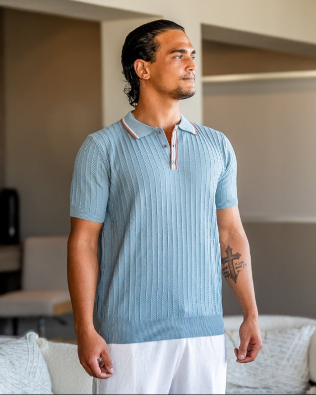 Men's Ribbed Button-Neck Polo with Tipped Collar - Blue Grey