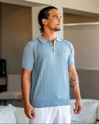 Men's Ribbed Button-Neck Polo with Tipped Collar - Blue Grey