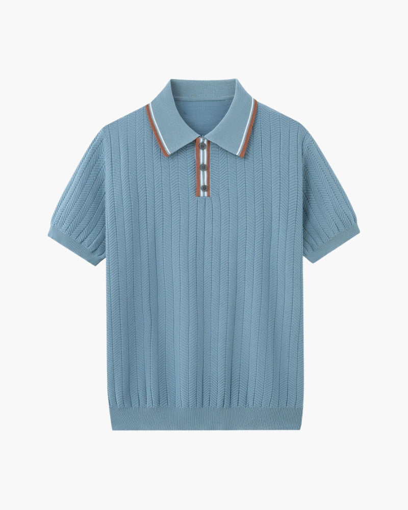 Men's Ribbed Button-Neck Polo with Tipped Collar - Blue Grey