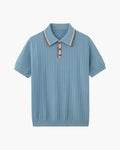 Men's Ribbed Button-Neck Polo with Tipped Collar - Blue Grey
