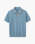 Men's Ribbed Button-Neck Polo with Tipped Collar - Blue Grey