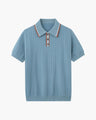 Men's Ribbed Button-Neck Polo with Tipped Collar - Blue Grey
