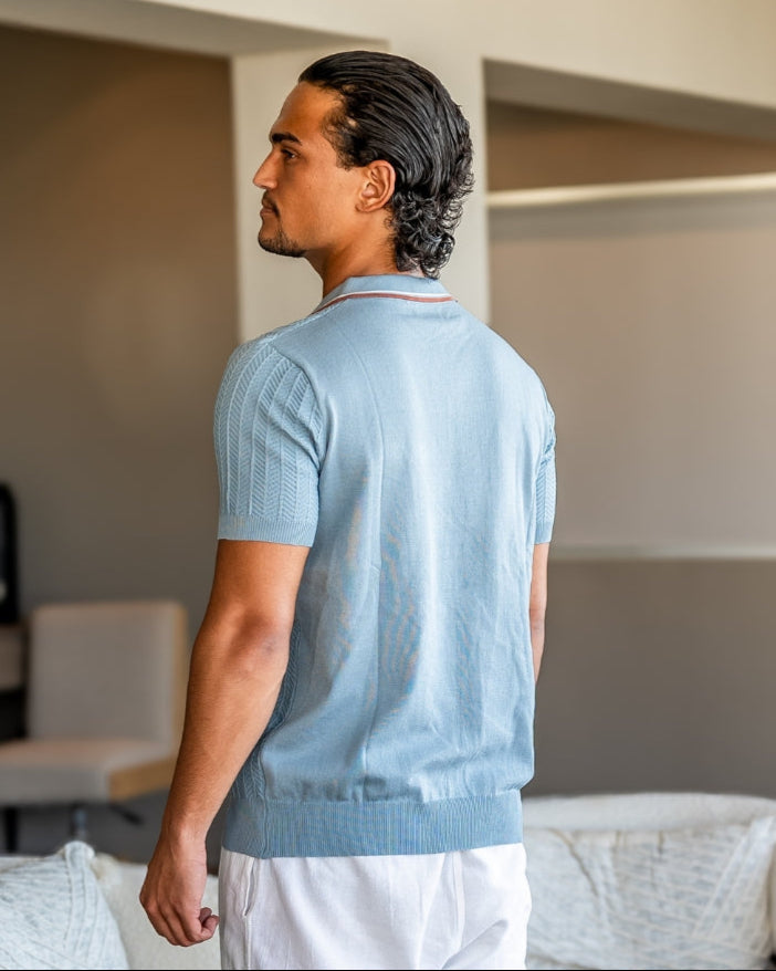Men's Ribbed Button-Neck Polo with Tipped Collar - Blue Grey