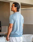 Men's Ribbed Button-Neck Polo with Tipped Collar - Blue Grey