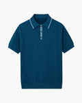 Men's Ribbed Button-Neck Polo with Tipped Collar - Blue