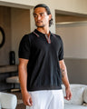 Men's Ribbed Button-Neck Polo with Tipped Collar - Black