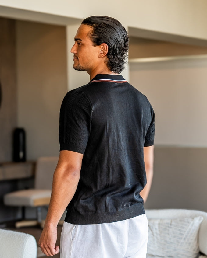 Men's Ribbed Button-Neck Polo with Tipped Collar - Black